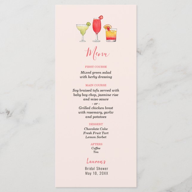 Aquarelle Cocktail menu de douche nuptiale (Devant)
