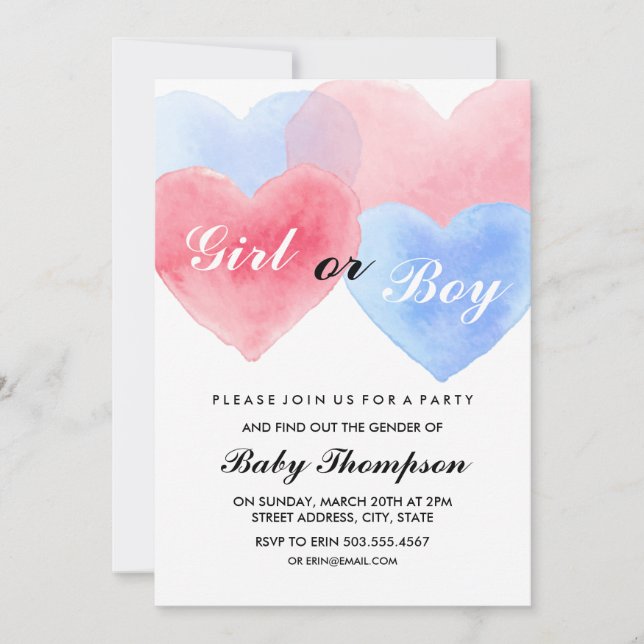 Aquarelle Coeur Genre Révéler Invitations (Devant)