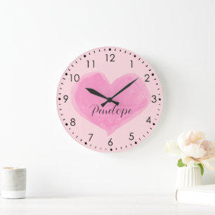 Aquarelle Coeur rose Horloge murale