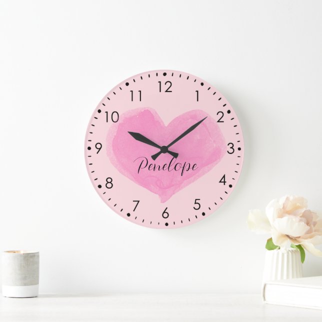 Aquarelle Coeur rose Horloge murale (Maison)