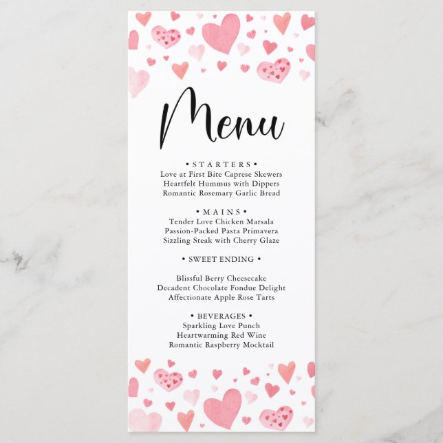 Aquarelle Coeurs roses Valentines Carte Menu Jour (Devant)