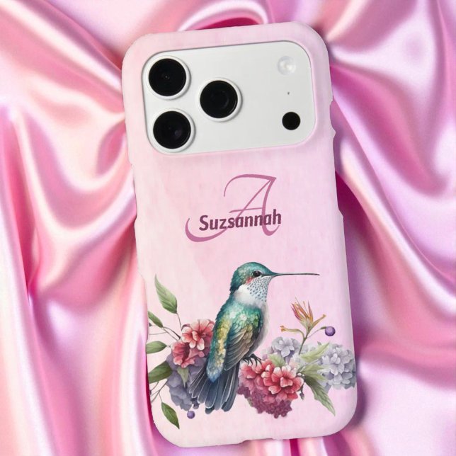 Aquarelle colorée de colibri & monogramme  (Phone case case back with template text)
