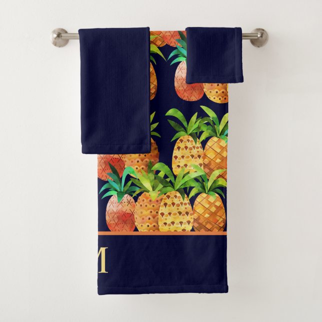 Aquarelle colorée Motif d'ananas sur bleu marine (En situation)
