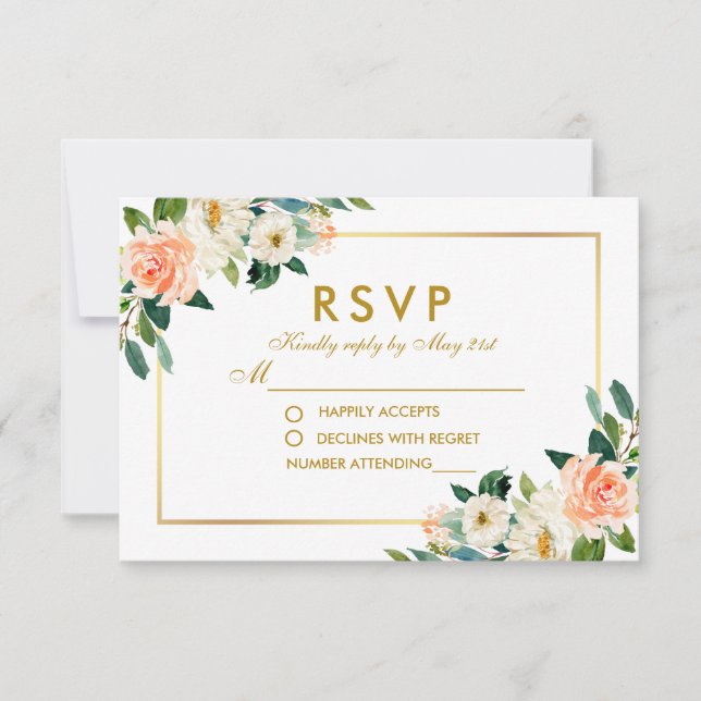 Aquarelle Coral Floral Gold Wedding RSVP (Devant)
