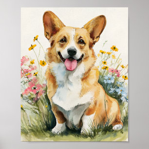 Aquarelle Corgi en Fleur sauvage Poster - Cute Flo