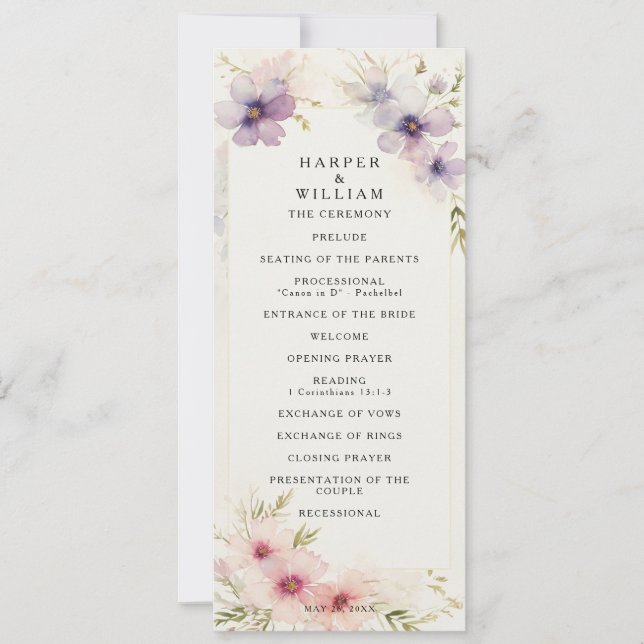 Aquarelle cosmos fleurs programme de mariage (Devant)