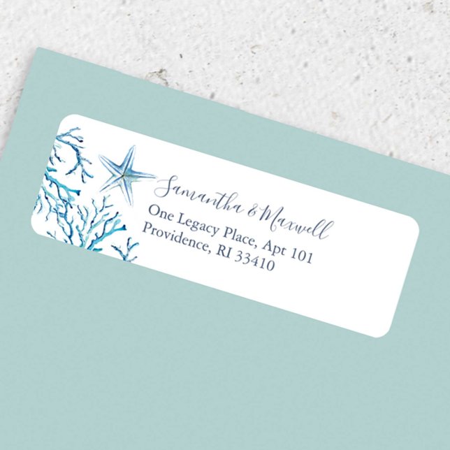 Aquarelle côtière sous la mer Étiquettes de adress (Return address sticker features watercolor starfish and sea coral art by Victoria Grigaliunas)