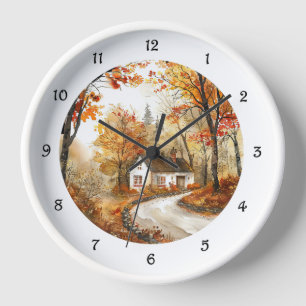 Aquarelle Cottage d'automne Horloge ronde