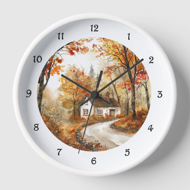 Aquarelle Cottage d'automne Horloge ronde (Recto)