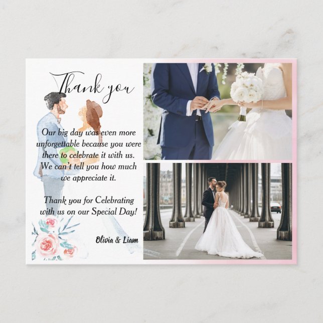 Aquarelle Couple avec Mariage Rose Carte Thankyou (Devant)