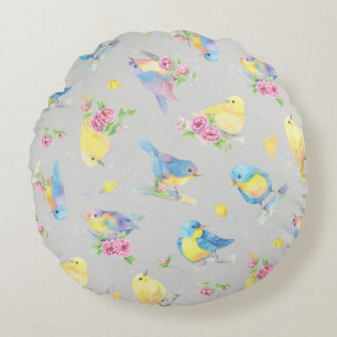 Aquarelle Coussin ronde Oiseaux et fleurs sans sou