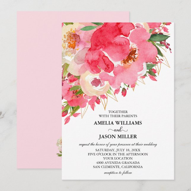 Aquarelle Crème rose Floral Invitations de mariage (Devant / Derrière)