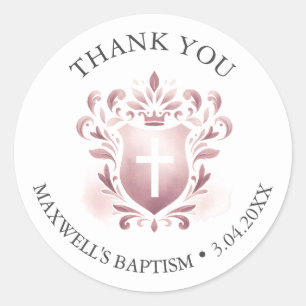 Aquarelle Crest Baptême Merci Stickers rose