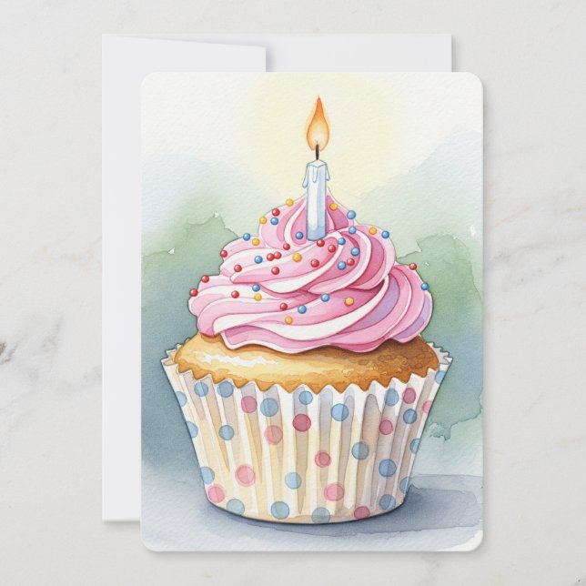 Aquarelle Cupcake rose Invitations d'anniversaire (Devant)