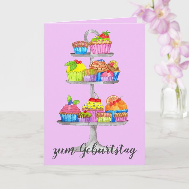 Aquarelle cupcakes allemand carte d'anniversaire (Orchidée)