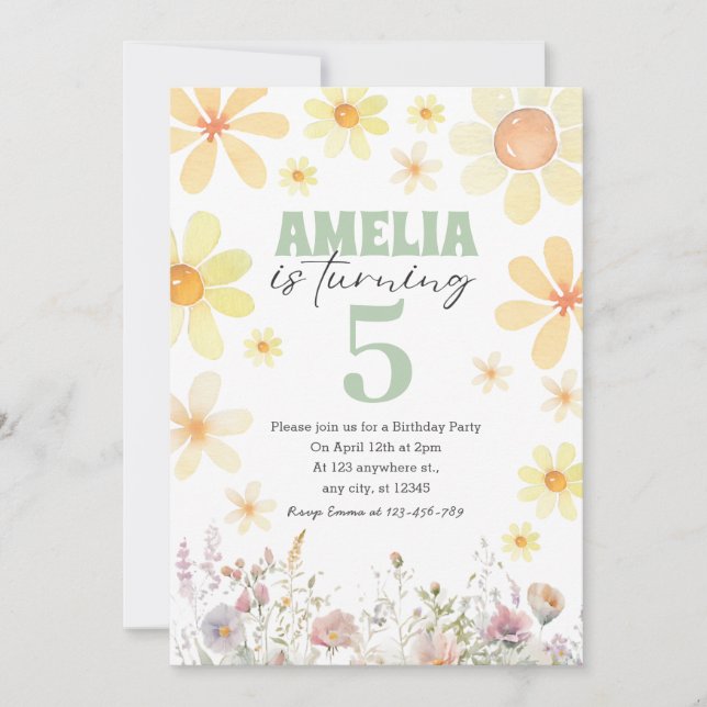 Aquarelle Daisy Pastel Green Invitation d'annivers (Devant)