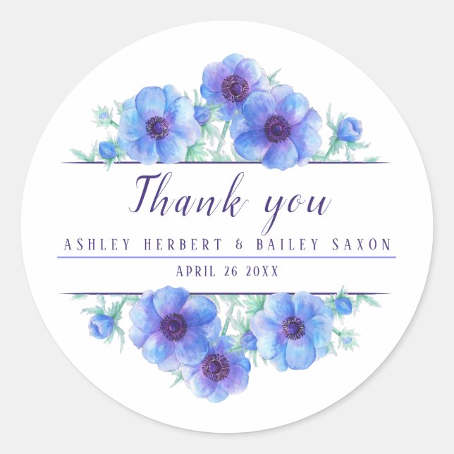 Aquarelle d'anémone bleu mariage merci stickers (Devant)