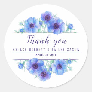 Aquarelle d'anémone bleu mariage merci stickers