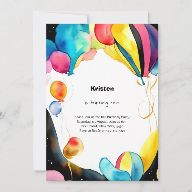 Aquarelle de ballons 1er anniversaire Invitation (Devant)