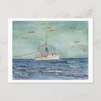 Aquarelle de bateau à crevettes. Carte postale.