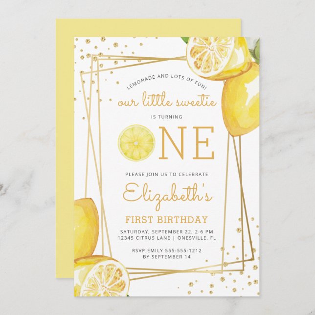 Aquarelle de citron 1er anniversaire Invitation de (Devant / Derrière)