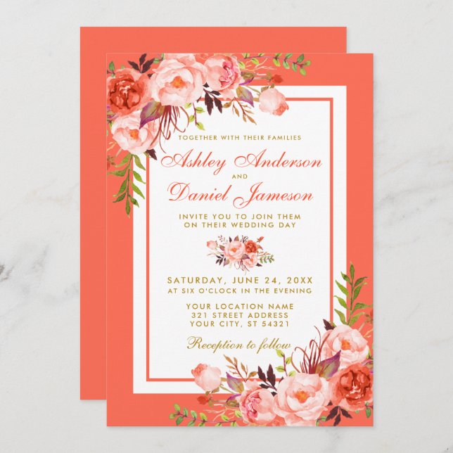 Aquarelle de corail moderne Faire-part de mariage  (Devant / Derrière)