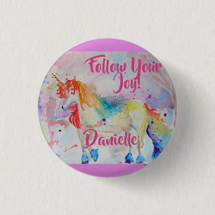 Aquarelle de la licorne arc-en-ciel Badge rose