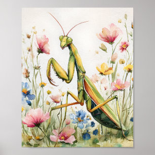 Aquarelle de Mantis de fleurs Impression - Mantis