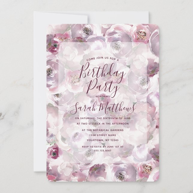 Aquarelle de Mauve Floral Invitation de fête d'ann (Devant)