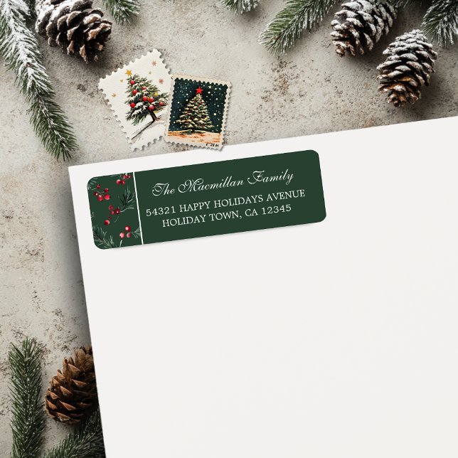 Aquarelle de Noël simple Botanique Vert foncé (Simple Christmas Watercolor Botanical Dark Green Return Address Labels)