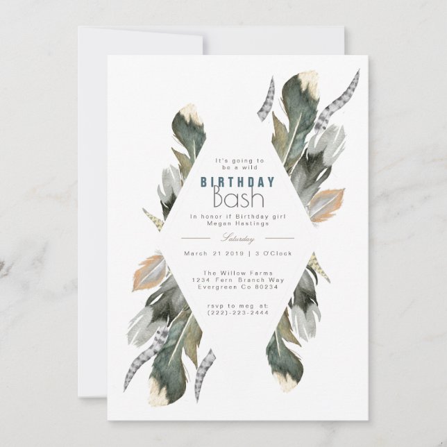 Aquarelle de plumes | Invitation d'anniversaire de (Devant)