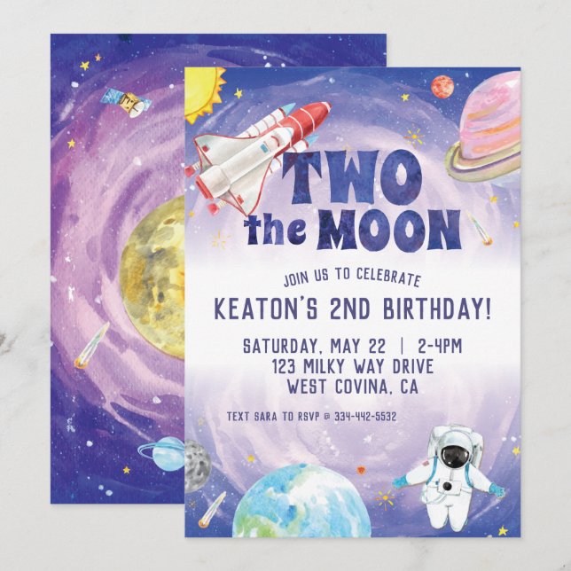 Aquarelle Deux Lune Espace Anniversaire Invitation (Devant / Derrière)
