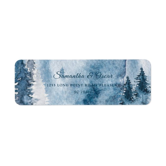 Aquarelle d'hiver Forêt & Marine Bleu & Blanc Étiq (Devant)