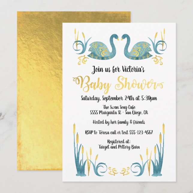 Aquarelle d'or Swans Baby shower Invitation (Devant / Derrière)