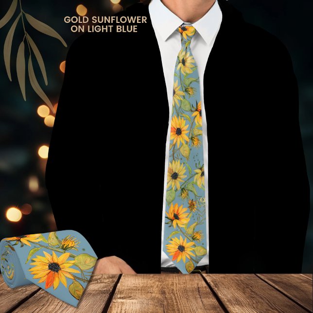 Aquarelle dorée Tournesol bleu clair Cravate (Golden Watercolor Sunflower Light Blue Neck Tie)