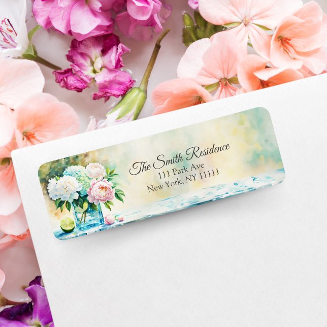 Aquarelle Durée De Vie Des Pies Et Des Hydrangées (A lovely return address sticker for Hydrangea fans.)