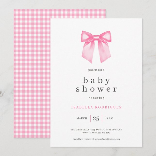 Aquarelle Elegant Pink Bow Baby shower Invitation (Devant / Derrière)