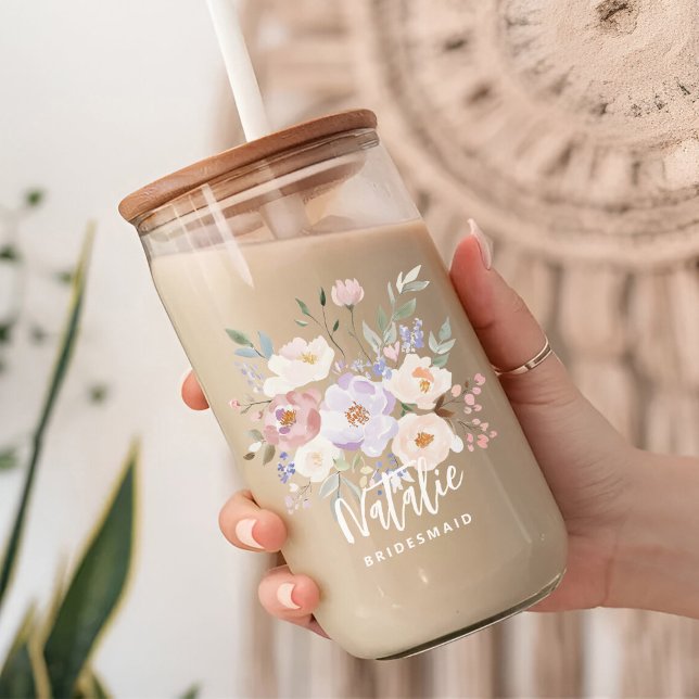 Aquarelle en lavande beige Fleur (watercolor floral bridemaid glass can)