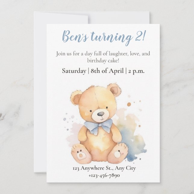 Aquarelle en peluche ours enfants invitation anniv (Devant)