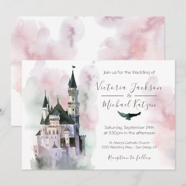 Aquarelle Enchanted Castle Faire-part de mariage (Devant / Derrière)