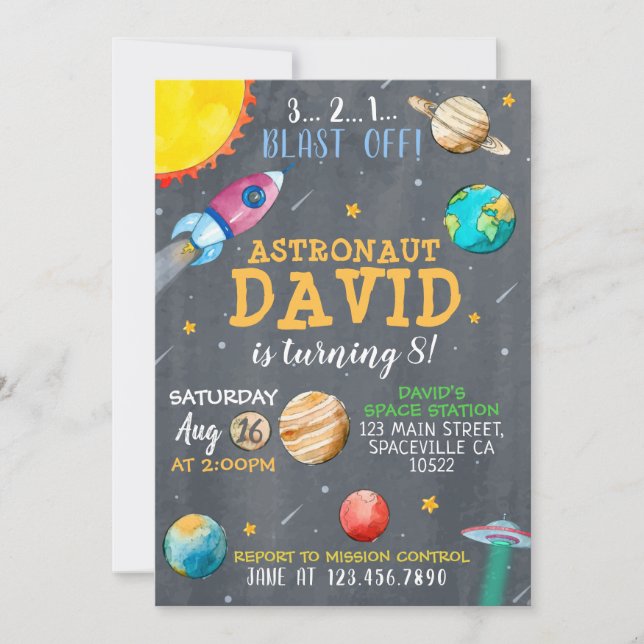 Aquarelle Espace Anniversaire Fête Invitation (Devant)