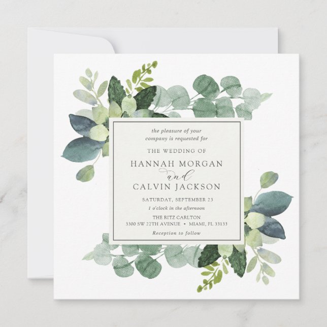 Aquarelle Eucalyptus Faire-part de mariage vert (Devant)