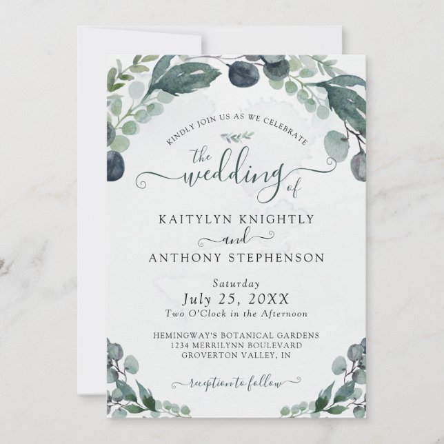 Aquarelle Eucalyptus Faire-part de mariage vert (Devant)