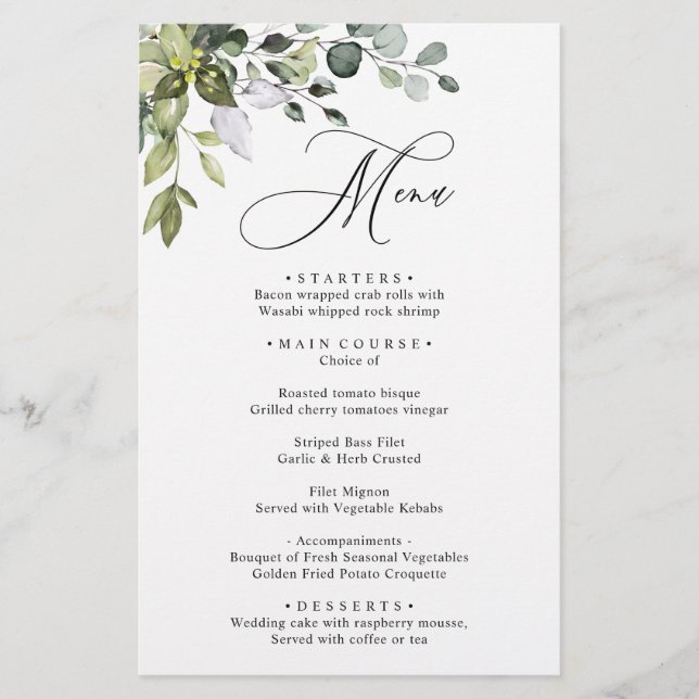 Aquarelle Eucalyptus Green Dîner Mariage Menu (Devant)