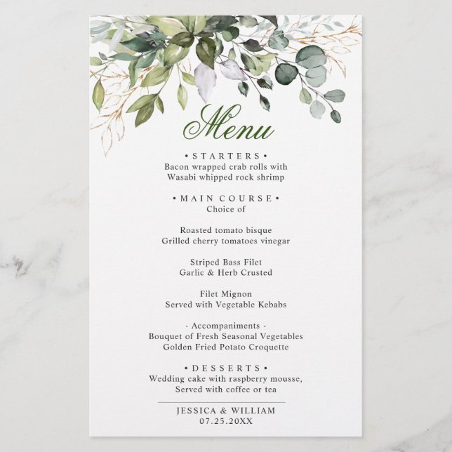 Aquarelle Eucalyptus Green Dîner Mariage Menu (Devant)