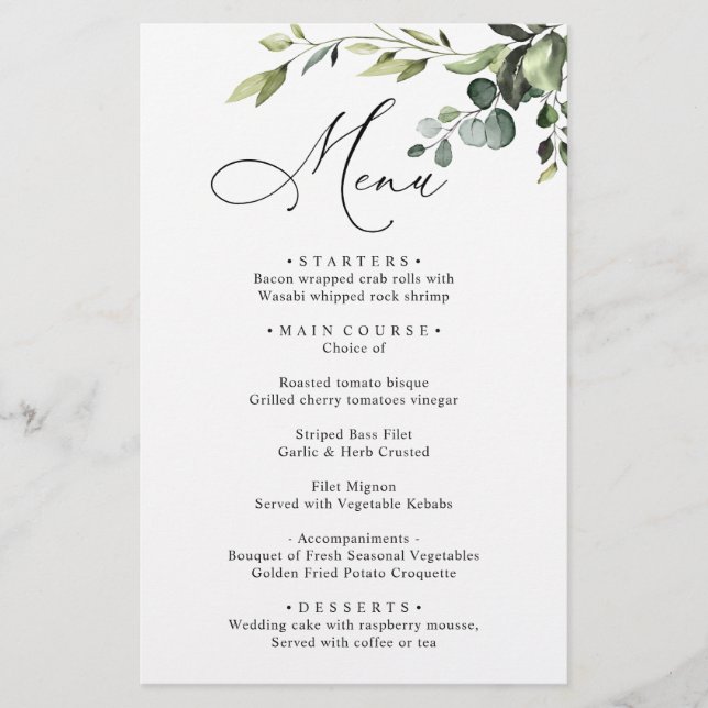 Aquarelle Eucalyptus Green Dîner Mariage Menu (Devant)