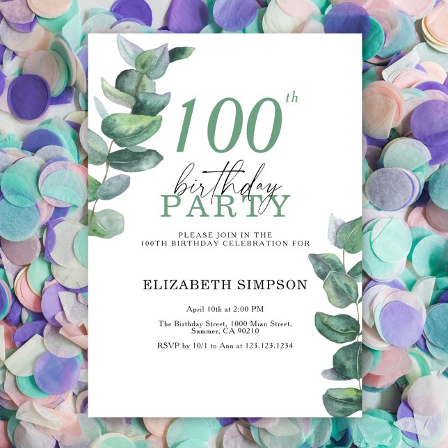 Aquarelle eucalyptus Invitation 100e anniversaire (Créateur téléchargé)