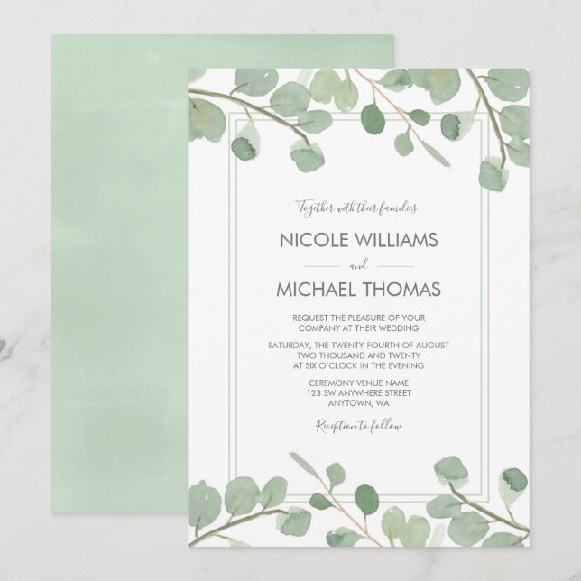 Aquarelle Eucalyptus Invitations de mariage (Devant / Derrière)