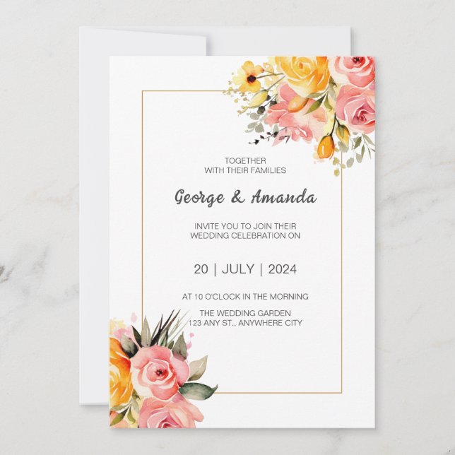 Aquarelle Faire-part de mariage citron rose (Devant)