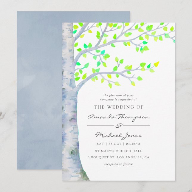 Aquarelle Faire-part de mariage d'arbre de bouleau (Devant / Derrière)